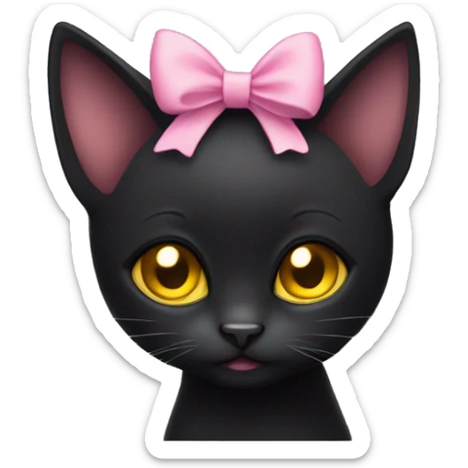 Cute small Black cat with gold yellow eyes and a pink bow on the right ear  sticker