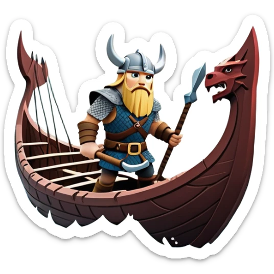 clash-of-clans-aesthetic_-cinematic-viking-longboat, rendered in a flat, bold vector style with minimal shading, featuring a striking dragon-headed prow slicing through icy, churning waters. shields on the side and vikings rowing The longboat’s intricately detailed shields and carved motifs evoke a sense of epic adventure and Nordic might, with billowing sails catching a dramatic, stormy sky backdrop. sticker