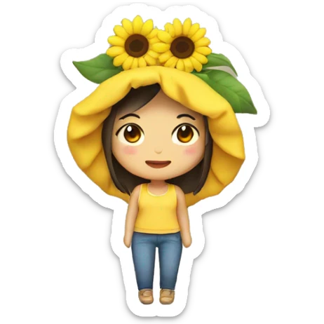 An Asian girl wearing a sunflower plushie on her head. sticker