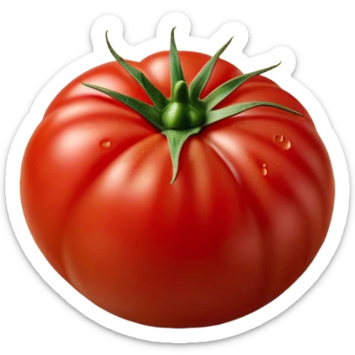 Cinematic juicy ripe tomatoe, deep red, slightly dewy, arranged on a wooden cutting board, soft glowing background, rich and flavorful. sticker
