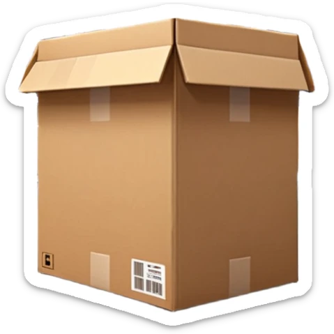 Ultra-realistic cardboard box inspired by the 📦 emoji in a warehouse environment, 4K, detailed corrugated texture, taped edges, industrial shelves in background, soft industrial lighting, realistic shadows, sharp focus, cinematic depth, professional photography. sticker