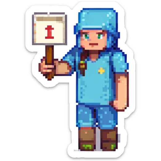Add a letter or a number in the character's hand, keeping the original Minecraft cartoon style and pose. Do not change anything else. sticker