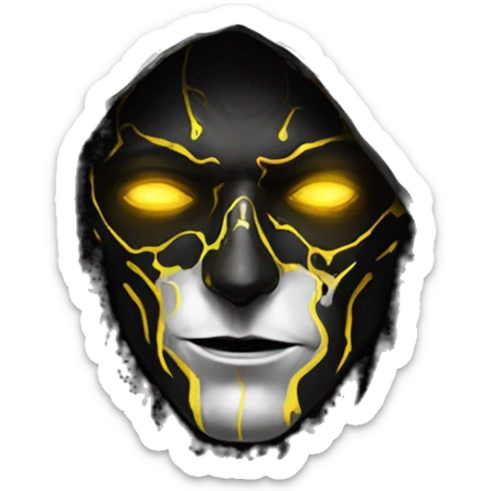 A digital painting of a SPECTRE, cyberpunk man with glowing yellow eyes and black and white face paint, wearing a dark hooded cloak, portrait, intricate details, silver ornate circular frame sticker