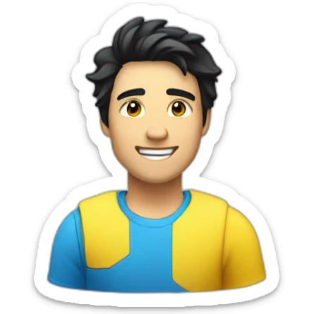 man with black hair and just smile with blue and yellow closher color body light sticker