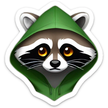 brown raccoon with orange eyes and a dark green hood that is crying sticker