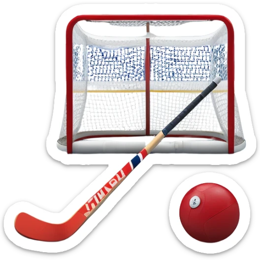 A red ball and hockey stick resting on an ice rink, with the goalposts and clear markings in the background. The scene captures the unique nature of field hockey with a ball on ice, emphasizing the speed and precision of the sport in a cold, competitive atmosphere. sticker