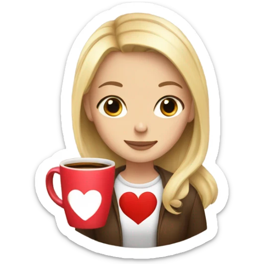 Girl with blonde hair holding a mug with coffee in it that has a heart on the top of the latte sticker