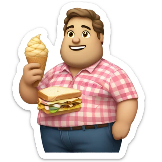 Overweight man in a checkered shirt eating a sandwich with one hand and an ice cream with the other."  sticker