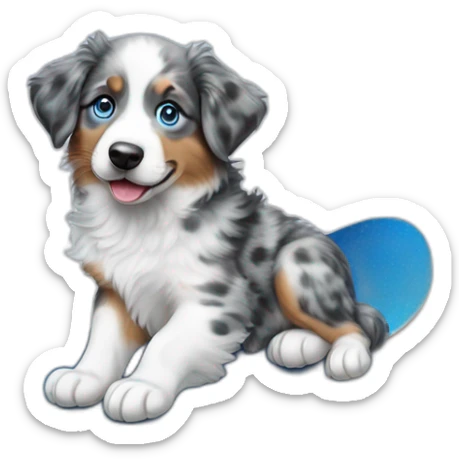 a 5 month old puppy, miniature American shepherd breed, blue merle color, with blue eyes, with a snowboard sticker