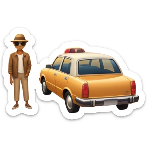 A parked car rests on the side of a long with a person outside , empty road stretching toward a golden sunset. The sky glows with warm colors, and the landscape ahead feels open, peaceful, and full of promise. sticker