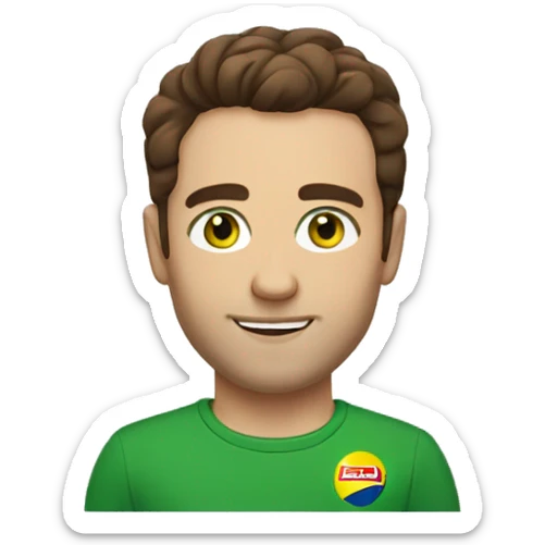 Man with brown hair a lidl t-shirt and green eyes sticker