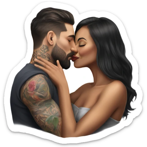 Hyper Realistic beautiful woman in the arms of a very handsome tattooed man kissing  sticker