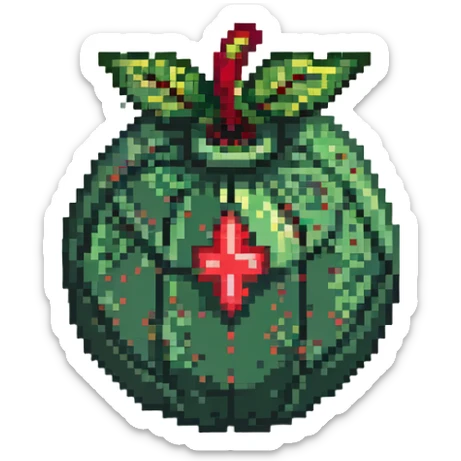 Green digital bomb with leaf-shaped fuse or vine on top, round bomb body with green highlights and details, nature-inspired design, pixel art style sticker