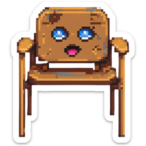 Pixel art of a wooden chair with cartoon eyes flying in the air sticker