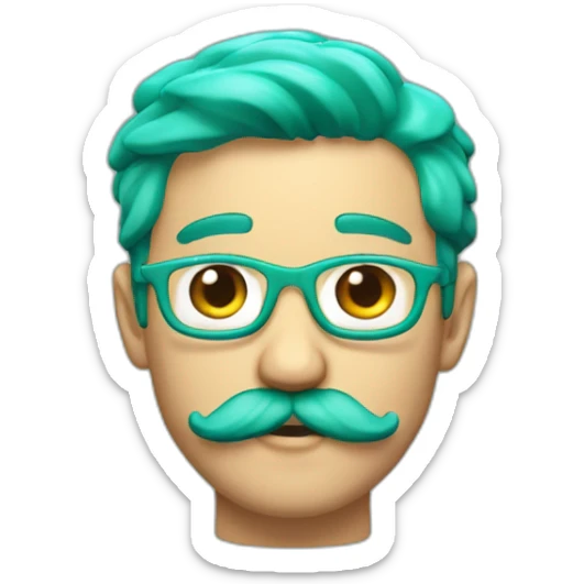 3d emoji of a 18 years boy with green-cyan hairs and green-cyan handlebar mustache  sticker