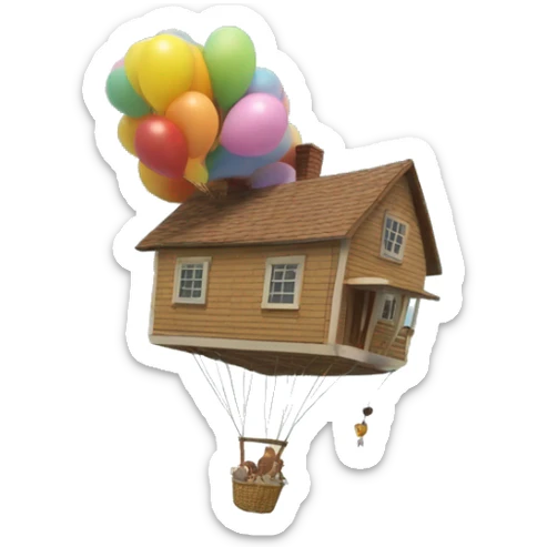 Lots of tiny Balloon Angel Clips pick up the one last floating house on the surface of the sea to join a whole cluster of houses floating on the clouds in the sky sticker