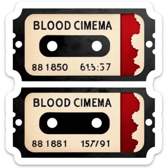 Minimalist emoji-style sticker of an old torn cinema ticket, blood-stained edges and burn holes, grayscale paper

 sticker