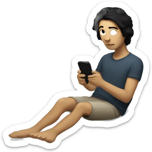 A white person with black hair sits on the edge of a bed, looking at their phone in a softly lit room, with the full bed and surroundings in view." sticker