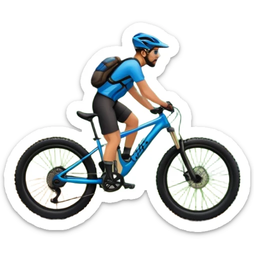 An icon featuring a mountain bike standing on a scenic trail. The background showcases majestic mountains, lush green valleys, and a bright blue sky with fluffy clouds. The sun casts warm light over the landscape, emphasizing the beauty of outdoor cycling. Transparent background sticker