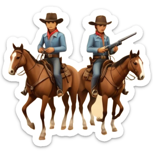 Icon for Western: A vintage movie poster-style design with cowboys on horseback, dusty desert landscape, and a setting sun. Include cowboy hats, revolvers, and an old saloon. The design should have bold typography and a retro cinematic feel. Transparent background. sticker