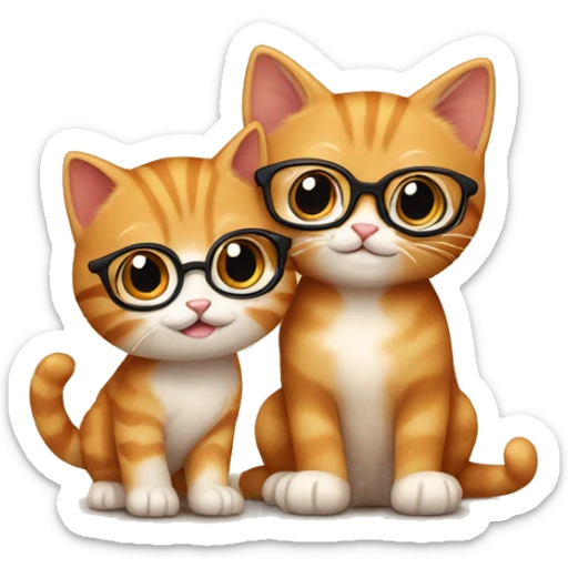 A ginger kitten (who is a girl) giving a hug to a brown kitten (who is a man), the brown kitten has glasses on sticker