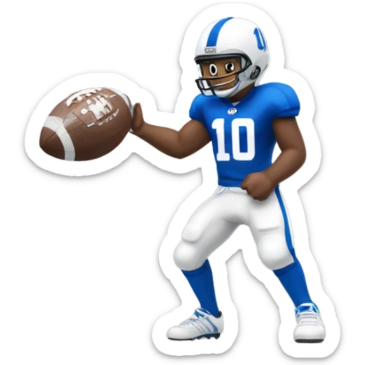 american football fan wearing blue jersey with white number 10 holding a number 1 foam finge sticker