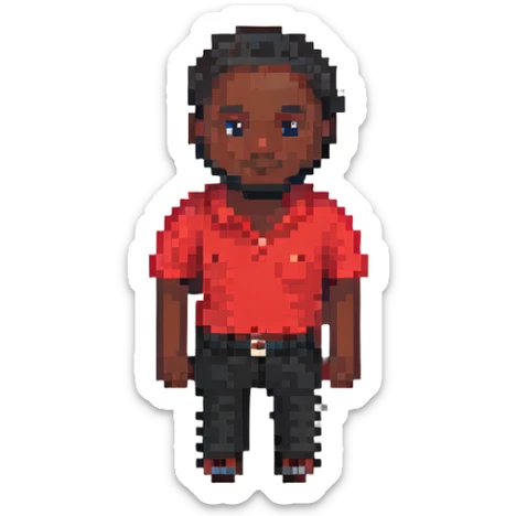 pixel emoji black man, pixel art style, black skin tone, pixelated, 8-bit, wearing a red shirt sticker