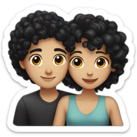 Boy with black hair and girl with curly black hair hugging sticker