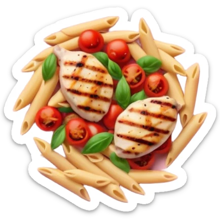 penne with cherry tomatoes and grilled chicken on a round pastel pink plate sticker