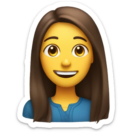 An emoji of a woman with long, straight brown hair and a very  large mouth, smiling with a friendly expression sticker