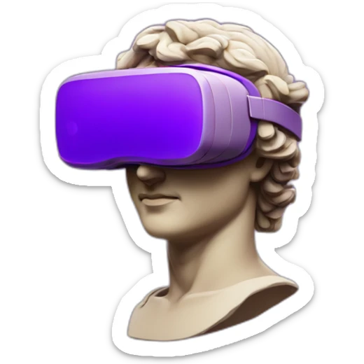an EMOJI OF A ancient young greek statue, wearing VR headset, purple colors, DIGITAL UNIVERSE sticker