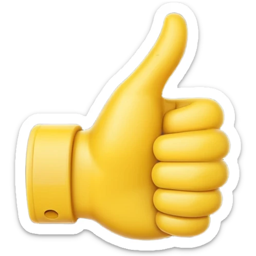Apple-style 3D illustration of a single yellow emoji hand giving a thumbs up gesture, glossy and rounded, centered on a clean white background, soft shadow underneath, isolated and minimal design sticker