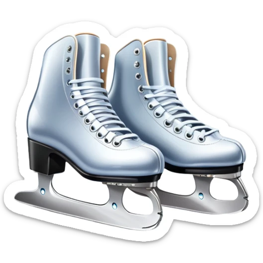 An icon featuring a pair of elegant figure skates standing on the smooth ice of a rink, with sparkling ice beneath them. The background shows a grand ice arena with bright lights and empty stands, highlighting the beauty and grace of figure skating. Transparent background. sticker