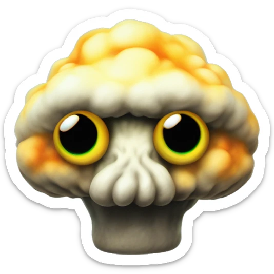 nuclear glow in the dark plushie mushroom cloud in Uncle Scrooge style, oil paint, mysterious eyes, intricate lips, masterpiece pose, odd perspective, beautiful, desirable, logical sticker