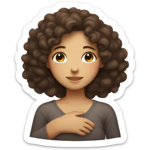 “Minimalist figure of a brunette girl with curly hair hugging herself, arms crossed over her chest. Her face shows closed eyes and a gentle smile, with a glowing circle at her chest symbolizing love and healing.” sticker