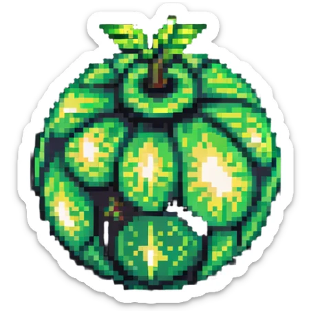 Green digital bomb animation frame 3, round bomb body with green highlights, very short leaf-shaped fuse at top, brighter green glow, nature-inspired design, pixel art style sticker