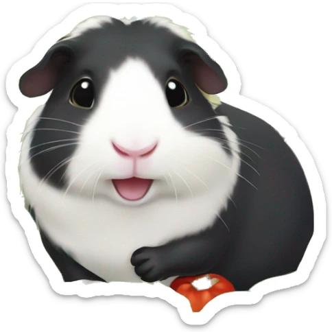 Guineapig playing on a pile of veggies and fruit with a piece of cucumber in his mouth sticker