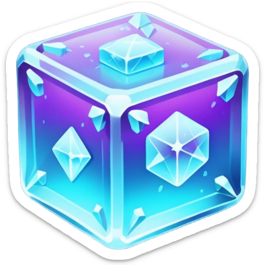 glowing ice crystal cube, icy neon cyan highlights, purple neon accents, dark background, digital tech style. sticker