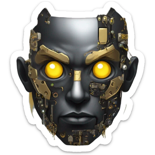 black metal male cyborg head with artificial eyeball, circuitry and dreaded yellow gold hair sticker