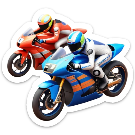 A sleek racing car and motorcycle speeding on a track, leaving a trail of dust behind. The scene captures the thrill of high-speed competition, with blurred motion and vibrant colors, highlighting the dynamic energy of motorsport. sticker