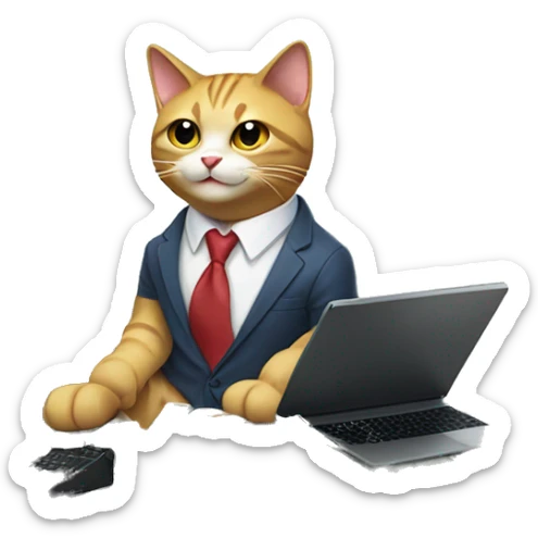 A grinning cat wearing a tie and sitting on a pile of tech gadgets and money
 sticker
