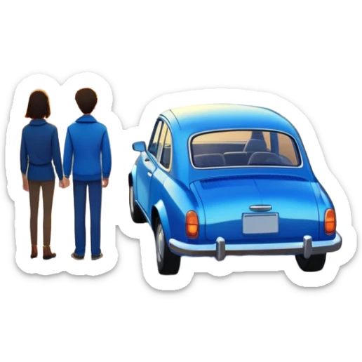 A parked blue car sits quietly on the side of an open road, facing a breathtaking sunset. Two people stand outside, backs turned, watching the horizon. The road stretches endlessly ahead, surrounded by a peaceful, glowing landscape full of light, warmth, and possibilit sticker