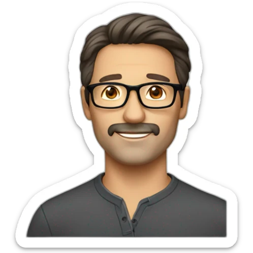 Handsome 50 year old man with dark brown hair, stubble and brown glasses. No moustache sticker