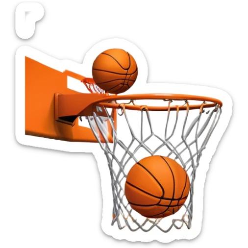 A close-up shot of a basketball entering the hoop, with the ball swishing through and inside  the basket. The background features a blurred basketball court, emphasizing the perfect shot and the excitement of the game. sticker