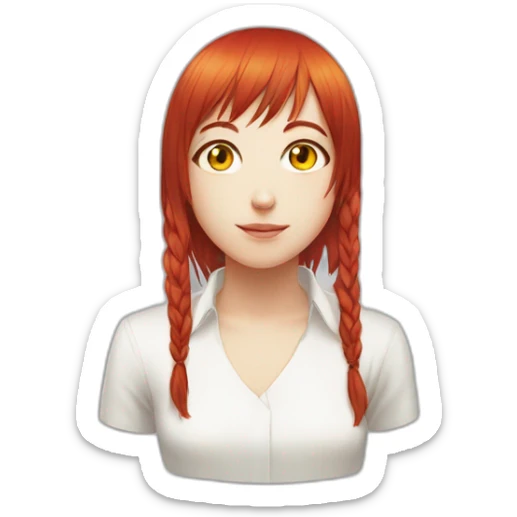 (gril) makima from the manga chainsawman with red hair fringe, yellow eyes with a circle inside and a white shirt sticker