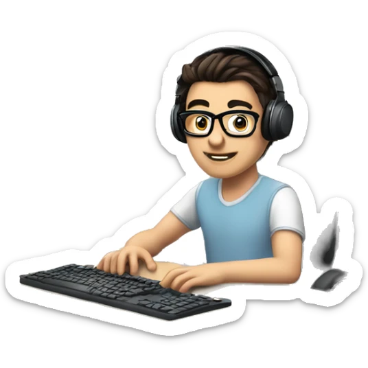 white boy with dark hair and glasses wearing gaming headset and sitting at desk on desktop computer   sticker