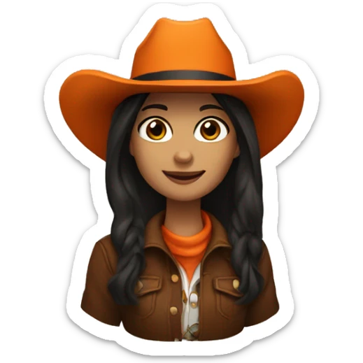 cowgirl straight dark brown hair, orange burnt coat, black hat sticker
