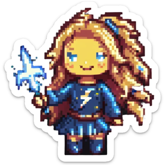pixel art of an anthropomorphic battery girl with long hair, smiling, holding a lightning bolt sticker