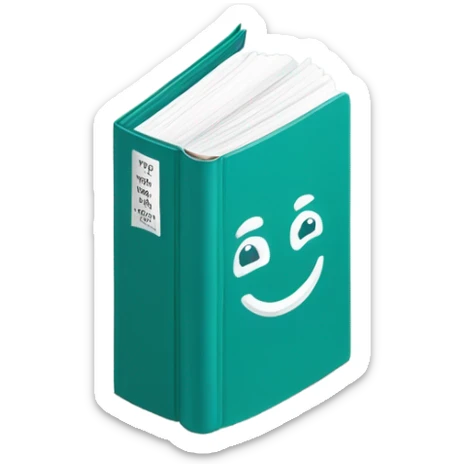 A flat, minimalist emoji-style illustration of a teal hardcover book labeled “DSM-5-TR” with clean white text and a simple smiley face icon on the cover, resembling Apple’s emoji aesthetic. sticker