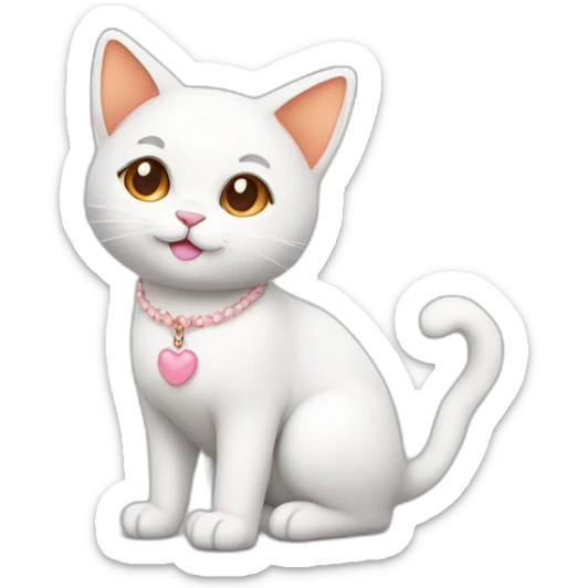 full body white orange cat cute with a small brown eyes and a paw pink necklace sticker